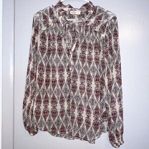 Hollister Paisley Button-Up Gathered Sleeve Tie-Neck Blouse Size S